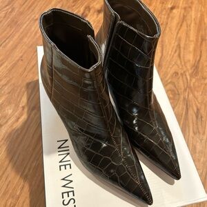 Nine West Dark Brown Croc-Embossed Ankle Boots